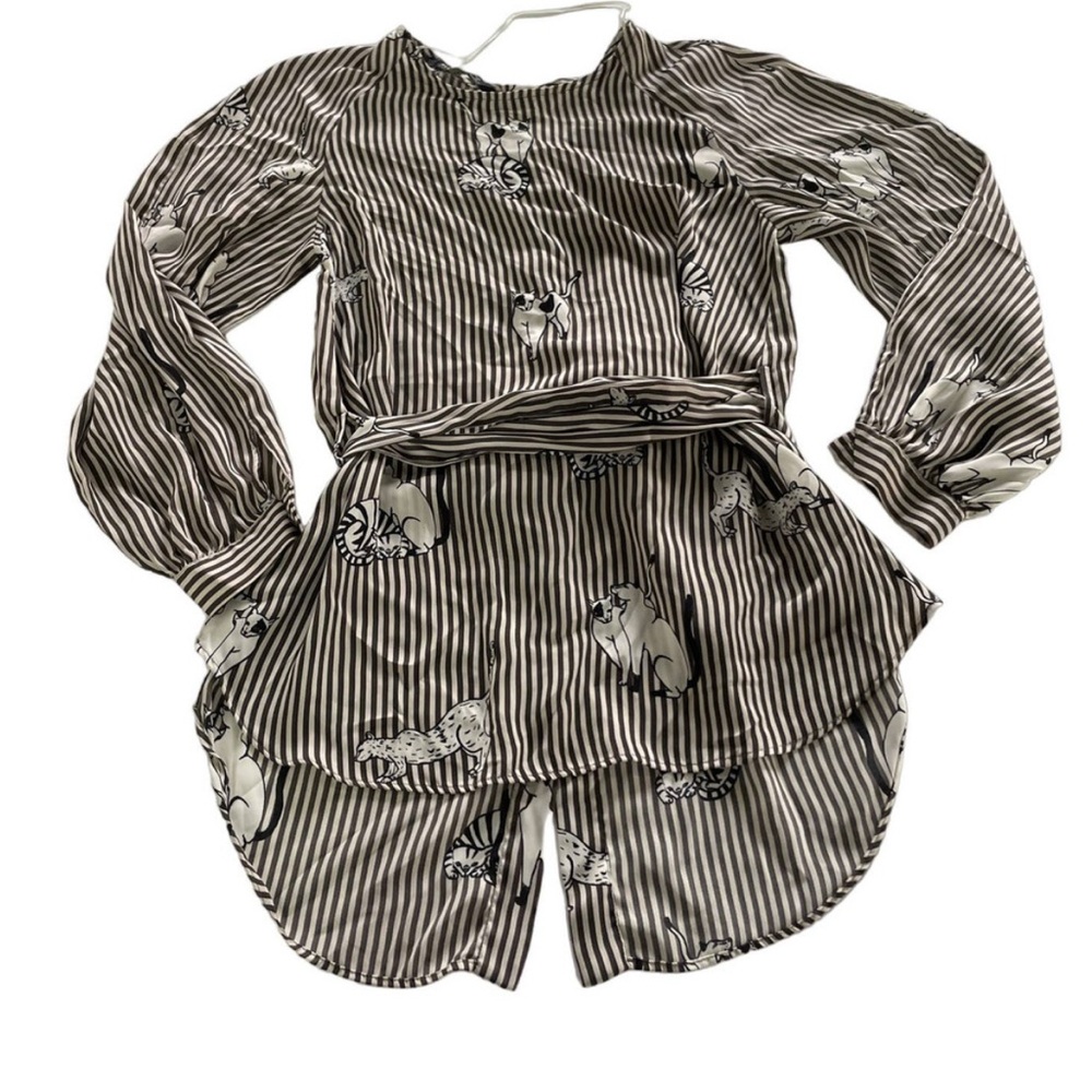 Zara Cat Print Long Sleeve Tie Waist Top